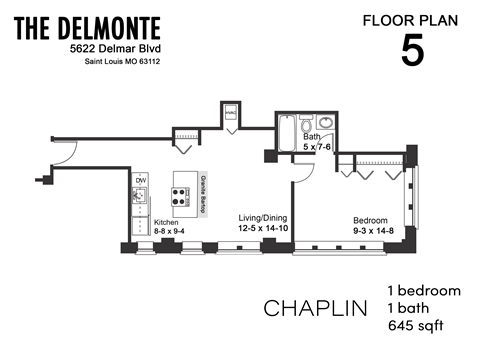 Floor plan for 1 bed, 1 bath, 645 sqft